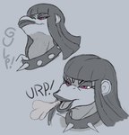 alternative_fashion anthro bangs burp_cloud burping collar female goth grey_background hair long_hair oral_vore purple_eyes simple_background solo spiked_collar spikes swallowing vore darkartistkaiser beth_(redustheriotact) haplorhine mammal monkey primate 2025 greyscale monochrome