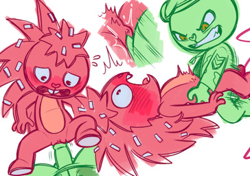 anthro duo female genitals green_body male male/female motion_lines penetration penis red_body sex vulva ra-ta happy_tree_friends flaky_(htf) flippy_(htf) bear mammal porcupine rodent