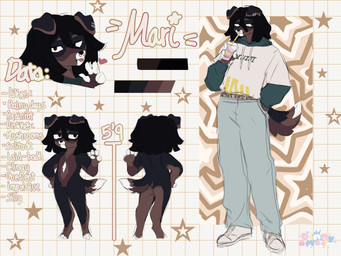 anthro beverage black_body black_fur black_hair bottomwear brown_body brown_fur chart chibi clothing container cup dreadlocks footwear fur gesture hair hand_gesture height_chart hoodie male pants piercing shoes solo star tongue tongue_out topwear v_sign white_body white_fur dinnymotriz_(artist) mari_(maril33) canid canine canis domestic_dog mammal 4:3 absurd_res hi_res model_sheet