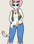 anthro bottomwear bottomwear_pull breasts cleavage clothed clothing clothing_pull cowboy denim denim_bottomwear denim_clothing female green_eyes hand_on_hip jeans kerchief looking_at_viewer mottled neckerchief neckwear pants pants_pull piebald sheriff_badge smile smirk solo standing wateris disney sheriff_callie's_wild_west sheriff_callie calico_cat domestic_cat felid feline felis mammal 2014 hi_res portrait three-quarter_portrait