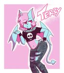 blue_body bone bottomwear bracelet clothing femboy jewelry male pink_eyes pose rocker shorts skull solo wings crazy_guy_(artist) terry_bat bat mammal digital_media_(artwork) hi_res