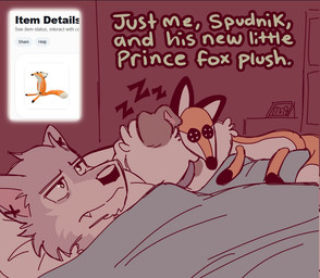 anthro bed bed_sheet bedding collar cute_fangs duo fangs fur furniture grey_body grey_fur male markings narrowed_eyes onomatopoeia plushie screencap sleeping solo sound_effects spots spotted_body teeth text white_body young spudnikmutt ah_yes._me._my_girlfriend. the_little_prince rookie_(spudnikmutt) spudnik_(spudnikmutt) canid canine canis chihuahua domestic_dog mammal toy_dog wolf english_text meme adult_(lore)