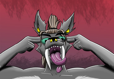 anthro bodily_fluids drooling ear_piercing facial_piercing fangs female finger_gun finger_gun_to_head fingers gesture hair hand_gesture licking long_tongue mouth_shot nose_piercing nose_ring open_mouth piercing ponytail ring_piercing sabertooth_(anatomy) saliva solo teeth tongue tongue_out uvula trichternet rhea_(trichternet) felid feline hybrid mammal sabertooth_feline hi_res