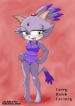 amber_eyes anthro blush breasts camel_toe clothing female fur hair nipples one-piece_swimsuit purple_body purple_clothing purple_fur purple_hair solo swimwear tail text tight_clothing karate_akabon sncunleashed furry_bomb sega sonic_the_hedgehog_(series) blaze_the_cat domestic_cat felid feline felis mammal english_text