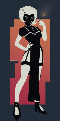 abstract_background anthro beak breasts chest_tuft cigarette cigarette_holder clothing dress female footwear fur garter_straps gloves hair hand_on_hip handwear high_heels jewelry makeup multicolored_body shoes solo tuft white_body white_fur white_hair sinniethecat beholder:_conductor michelle_szymanski avian beholder bird corvid corvus_(genus) crow oscine passerine absurd_res hi_res