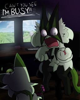ambiguous_gender anthro bloodshot_eyes breasts dialogue duo female fur green_body green_fur mask medium_breasts open_mouth pawpads pie_cut_eyes text white_eyes klydewitakay microsoft minecraft minecraft_sheep_fucker mojang nintendo pokemon xbox_game_studios felid feline floragato generation_9_pokemon mammal meowscarada pokemon_(species) 2025 4:5 absurd_res digital_media_(artwork) english_text hi_res