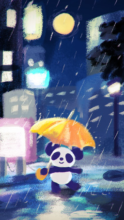 biped chibi city detailed_background moon night outside raining solo umbrella white_body araru bear giant_panda mammal 2023