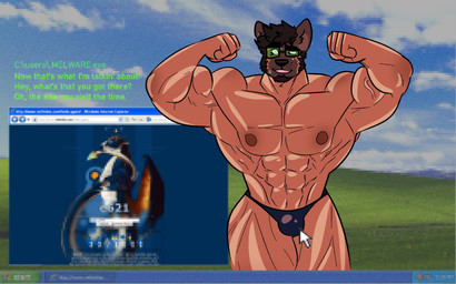 abs big_muscles biped black_hair blue_sky bodily_fluids brown_body brown_ears brown_face brown_fur brown_nipples bulge clothed clothed_humanoid clothed_male clothing cloud cursor dialogue eyewear feral flexing flexing_bicep for_a_head front_view fur glasses glistening glistening_body glistening_bulge glistening_skin grass green_eyewear green_glasses green_text grin growth hair huge_muscles male male_humanoid multicolored_body muscle_growth muscular muscular_humanoid muscular_male nipples orange_body orange_fur orange_tail pecs plant sky smile solo standing sweat tail talking_to_viewer teeth text user_interface melaisen bliss_(image) e621 internet_explorer microsoft microsoft_windows windows_xp bau_(melaisen) akita american_akita animal_head animal_humanoid canid canine canis domestic_dog humanoid mammal spitz 2023 cel_shading digital_drawing_(artwork) digital_media_(artwork) english_description english_text hi_res portrait shaded three-quarter_portrait
