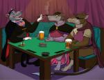 alcohol anthro barefoot beer beverage blade cigarette clothed clothing eye_patch eyewear feet footwear group male poker_table scar shoes tail tail_blade weapon_tail whiskers yellow_sclera germainethevixen disney don_bluth redwall the_great_mouse_detective the_secret_of_nimh cluny_the_scourge jenner_(nimh) professor_padraic_ratigan mammal murid murine rat rodent