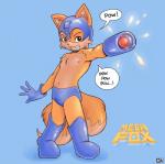 4_fingers anthro arm_cannon armor boots bulge clothing cosplay costume dialogue fingers footwear grin headgear helmet male nipples ranged_weapon shoes smile solo text weapon battle_angel capcom mega_man_(series) megaman_(classic) sega sonic_the_hedgehog_(series) mega_man_(character) miles_prower canid canine mammal english_text