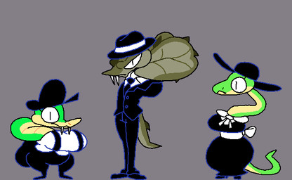 anthro armless belt black_bottomwear black_clothing black_dress black_eyes black_footwear black_hat black_headwear black_necktie black_overalls black_pants black_shoes black_suit bottomwear breasts brown_body brown_nose brown_scales brown_tail clothed clothing dress eyelashes fangs female footwear frown green_body green_scales green_tail grey_background group hat headgear headwear long_neck male multicolored_body multicolored_scales necktie overalls pants scales sharp_teeth shirt simple_background suit tail teeth topwear trio two_tone_body two_tone_hat two_tone_scales two_tone_tail white_belt white_clothing white_hat white_headwear white_shirt white_topwear yellow_body yellow_nose yellow_scales yellow_tail superiorfox lucy_swallows reptile scalie snake 2025 digital_media_(artwork) daughter_(lore) father_(lore) father_and_child_(lore) father_and_daughter_(lore) mother_(lore) mother_and_child_(lore) mother_and_daughter_(lore) parent_(lore) parent_and_child_(lore) parent_and_daughter_(lore)