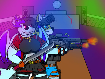 alternative_fashion anthro assault_rifle bottomwear bulletproof_vest clothing collar duo female gun handgun jacket leather leather_clothing leather_jacket leather_topwear melee_weapon neon_lights night_vision_goggles nightclub ranged_weapon revolver rifle shooting skirt sword tactical tactical_gear topwear weapon mythology swat sarah_marcotte aquatic canid canine canis domestic_dog dragon fish hybrid mammal mythological_creature mythological_scalie scalie shark shiba_inu spitz 4:3