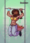 anthro armpit_hair bodily_fluids body_hair bottomwear bra clothing exercise hair muscular pants ponytail solo sports_bra sweat sweatdrop sweatpants underwear workout rennmoose vivienne_(rennmoose) canid canine canis mammal wolf hi_res