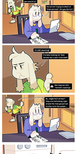 anthro appliance brown_hair clothing dialogue eyewear female fridge fur glasses green_clothing green_shirt green_topwear group hair inside kitchen_appliance laundry_machine male shirt sitting text topwear trio washing_machine white_body white_fur yellow_body yellow_skin akanemnon deltarune undertale undertale_(series) asriel_dreemurr kris_(deltarune) toriel bovid caprine goat human mammal 2025 absurd_res comic english_text hi_res