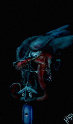 anthro big_tongue black_hair blood blue_light bodily_fluids dark duo hair imminent_vore long_hair male nightmare_fuel saliva scary tongue vore hierro_(artist) hierro canid canine canis mammal procyonid raccoon wolf 2016 digital_media_(artwork) hi_res