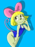 accessory anthro blonde_hair blue_background bow_ribbon breasts clothing female hair hair_accessory hair_bow hair_ribbon leaning leaning_forward looking_up one-piece_swimsuit ribbons side_boob simple_background solo swimwear nojimmyplz animal_crossing nintendo penelope_(animal_crossing) mammal mouse murid murine rodent hi_res portrait three-quarter_portrait