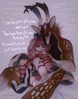 anal anal_penetration anthro balls bdsm bondage bound duo fluffy forked_tongue genitals hair horn long_hair male male/male penetration praise praise_kink restraints rope rope_bondage rope_harness scales size_difference tail text tongue belo bovid caprine deer goat hybrid mammal reptile scalie snake absurd_res hi_res