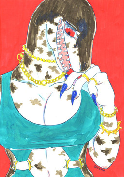 anthro big_breasts bracelet breasts claws cleavage clothed clothing colored_nails female jewelry looking_at_viewer nails necklace nipple_outline non-mammal_breasts open_mouth red_background red_eyes ring sharp_teeth simple_background smile solo spikes teeth kyokyota aquatic leopard_seal mammal pinniped seal 2021 hi_res marker_(artwork) traditional_media_(artwork)