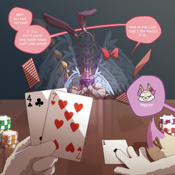 2_horns accessory ace_of_spades anthro big_breasts blue_ears blue_wings blush blush_lines bow_ribbon breasts bunny_costume card casino casino_table cheek_tuft cleavage clothed clothing costume covering covering_breasts covering_self dewlap_(anatomy) dialogue dipstick_tail duo embarrassed extreme_size_difference eyebrows eyelashes eyewear facial_tuft falling_object feathered_wings feathers female female/female first_person_view flower flower_in_hair fluffy fluffy_ears four_of_clubs fur gloves hair hair_accessory handwear horn indignant inner_ear_fluff larger_female long_eyelashes looking_at_viewer macro macro_anthro markings micro micro_anthro motion_lines multicolored_body multicolored_fur offscreen_character offscreen_female pink_body pink_fur plant playing_card pointy_ears poker_chip prick_ears purple_body purple_fur seven_of_hearts shrinking shrinking_out_of_clothes shrunk size_difference size_transformation smaller_female smile smug smug_face smug_grin speech_bubble stick suit_symbol tail tail_markings teasing teasing_viewer text transformation tuft two_tone_body white_body white_clothing white_fur white_gloves white_handwear wings yellow_eyes yellow_horn happycamper mythology nintendo pokemon petal_(dapperhedgehog) thistle_(thistle69) braixen canid canine dragon fairy_dragon fox furred_dragon furred_scalie generation_6_pokemon lizard mammal mythological_creature mythological_scalie pokemon_(species) reptile scalie winged_dragon 1:1 english_text hi_res