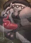 anthro balls bodily_fluids cum genital_fluids genitals licking male muscular muscular_male nipples oral penile penis penis_lick precum precum_pool precum_string sex solo tongue tongue_out fanofthefurr nintendo pokemon generation_8_pokemon obstagoon pokemon_(species) hi_res