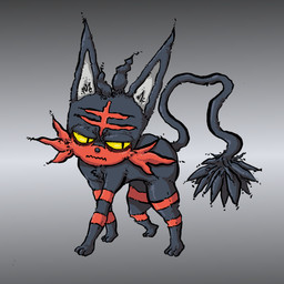 ambiguous_gender black_body black_fur feral frown fur grin grumpy red_body red_fur simple_background smile solo yellow_sclera nintendo pokemon felid generation_7_pokemon litten mammal pokemon_(species) 1:1 2016