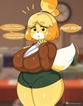 anthro big_breasts black_eyes blonde_hair blurred_background blush bottomwear breasts clothed clothing curvy_figure dialogue dipstick_tail eyebrow_through_hair eyebrows eyelashes female floppy_ears fully_clothed hair holidays huge_breasts inside markings miniskirt short_hair skirt solo speech_bubble sweater tail tail_markings text thick_thighs topwear translucent translucent_hair twitter_handle voluptuous wide_hips startop animal_crossing nintendo valentine's_day isabelle_(animal_crossing) canid canine canis domestic_dog mammal shih_tzu toy_dog 2024 artist_name english_text