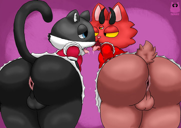 3_eyes anthro anus balls bent_over big_butt black_body black_ears black_eyes black_fur black_horn black_tail blue_eyes bodily_fluids brown_body brown_fur brown_tail butt clothed clothing dress duo french_kissing fur genitals half-closed_eyes heart_background heart_symbol horn kissing maid_uniform male mask multi_eye multicolored_body multicolored_fur narrowed_eyes no_underwear pink_clothing pink_dress pink_nose presenting presenting_hindquarters raised_tail red_body red_clothing red_dress red_ears red_fur saliva saliva_string scut_tail sharp_teeth short_tail shortstack shortstack_male simple_background tail teeth thick_thighs tongue tongue_out two_tone_body two_tone_fur uniform white_body white_fur yellow_eyes yellow_sclera nekoni atlus megami_tensei persona_(series) persona_5 sega morgana_(persona) nekoni_(character) cat_demon domestic_cat felid feline felis mammal tuxedo_cat 2022 digital_media_(artwork) hi_res