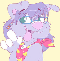 anthro black_eyebrows blue_body blue_ears blue_eyes blue_fur blue_hair eyebrow_through_hair eyebrows eyewear fangs female floppy_ears front_view fur glasses glistening glistening_eyes glistening_hair glistening_nose hair kerchief neckerchief neckwear open_mouth pink_inner_ear pink_nose pink_tongue red_kerchief red_neckerchief simple_background solo teeth tongue tongue_out translucent translucent_hair unsigned white_body white_fingers white_fur yellow_background heyitsjaq canid mammal bust_portrait hi_res portrait