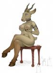 anthro biped breasts brown_hooves chair crossed_legs female furniture hooves horn navel nipples pupils simple_background sitting slit_pupils smile solo unguligrade siyah bovid caprine demon goat mammal