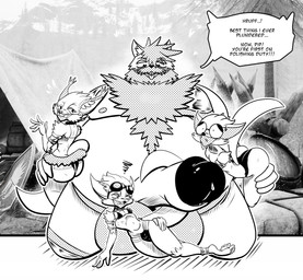 anthro bandits beard belly big_penis bodily_fluids body_hair bottomwear bra breath camp chest_tuft clothing collar curled_tail dialogue disgruntled dominant erection eyewear eyewear_on_head facial_hair femboy foreskin genital_fluids genitals glasses goggles goggles_on_head gold_armband gold_legband group hairy hand_on_butt hand_on_hip hand_on_own_hip happy_trail harem harem_outfit humanoid_genitalia humanoid_hands humanoid_penis imminent_sex larger_dom looking_pleasured male male/male nerd nervous panties panting penis pillage precum shocked shoulder_pads size_difference skirt speech_bubble tail tail_around_penis tail_fetish tail_play text tongue tongue_out tuft underwear wearing_collar monana-yo1 hi-rez_studios paladins_(game) pip_(paladins) domestic_cat felid feline felis mammal vulpin english_text greyscale hi_res monochrome sketch