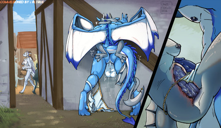 2_penises abdominal_bulge against_surface against_wall anthro ball_bra balls big_balls big_penis blue_body blue_scales bodily_fluids bottomwear bottomwear_aside breasts clothed clothing clothing_aside diphallism duo ear_piercing female female_penetrated furgonomic_piercing furgonomics genital_piercing genitals grey_body grey_scales horn horn_jewelry huge_balls jewelry loincloth loincloth_aside loincloth_only male male/female multi_genitalia multi_penis nipple_chain nipple_piercing nipples penetration penis penis_piercing piercing prince_albert_piercing scales sex tail tail_piercing topless vaginal white_body white_scales wings canisfidelis european_mythology mythology altrue tahara_(altrue) aquatic aquatic_dragon dragon mythological_creature mythological_scalie scalie western_dragon hi_res maleherm_(lore)