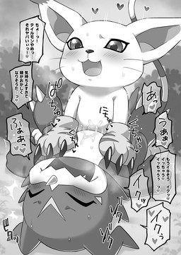 ambiguous_fluids anthro blush bodily_fluids clothing duo female female_on_top gloves handwear heart_symbol male male/female on_top sex sweat text teba_motoko bandai_namco digimon digimon_(species) dinosaur felid feline gatomon mammal prehistoric_species reptile scalie veemon hi_res japanese_text monochrome translation_request