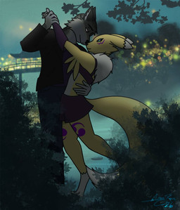 anthro dancing dipstick_ears dipstick_tail double_tomoe duo ear_markings female fur leg_markings male male/female markings multicolored_ears romantic socks_(marking) tail tail_markings tomoe_(symbol) white_ear_tips white_tail_tip yellow_body yellow_fur bandai_namco digimon canid canine canis digimon_(species) mammal renamon wolf hi_res