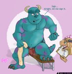 absurd_res annoyed anthro balls belly bench bodily_fluids bulge claws clothing disney dragon drooling duo feet fur garo_(artist) genital_fluids genitals hi_res holding_object jockstrap looking_away male male/male monster monsters_inc mythological_creature mythological_scalie mythology navel pecs pixar precum raised_leg saliva scalie shaded simple_background slightly_chubby sulley tail text towel underwear