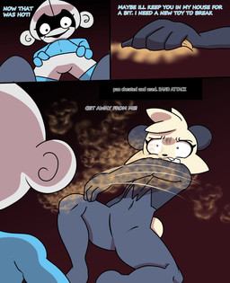 anthro blue_body dialogue duo foaming_at_mouth happy looking_down male multicolored_body navel sadism sand scard tail text throwing token_taker nintendo pocket_sand pokemon cham_(token_taker) pan_(token_taker) generation_3_pokemon generation_6_pokemon meditite pancham pokemon_(species) comic digital_media_(artwork) english_text hi_res meme