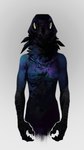 ambiguous_gender anthro beak black_body black_feathers black_scales claws feathers grey_background iridescent iridescent_feathers looking_at_viewer neck_tuft nude scales simple_background solo tuft yellow_eyes wetchop avian bird grackle icterid oscine passerine hi_res