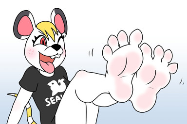 4_toes anthro barefoot black_clothing black_nose black_shirt black_topwear blonde_hair blush buckteeth clothing eyelashes feet female foot_focus freckled_face freckles fur hair humanoid_feet long_eyelashes markings motion_lines one_eye_closed open_mouth open_smile pink_inner_ear pink_tongue plantigrade red_eyes shirt smile soles solo striped_markings striped_tail stripes tail tail_markings teeth toes tongue tongue_out topwear white_body white_fur white_sclera compysteps animal_crossing nintendo bella_(animal_crossing) mammal mouse murid murine rodent 3:2