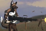 anthro gun m60 machine_gun male ranged_weapon solo weapon unknown_artist african_wild_dog canid canine mammal absurd_res hi_res