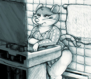 anthro bathroom breasts buckteeth cheek_tuft cleavage clothed clothing facial_tuft female frown inside long_sleeves looking_at_mirror looking_at_object mirror overweight panties shirt sink snout solo standing tail teeth thick_thighs tile tile_wall topwear tuft underwear wall_(structure) whiskers jusu-tengu armello league_of_geeks griotte_(armello) mammal murid murine rat rodent 2020 greyscale hi_res monochrome traditional_media_(artwork)
