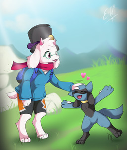 anthro backpack barefoot black_body black_fur blue_body blue_fur clothed clothing collar day duo eyes_closed eyewear feet field fur glasses grass hair hat headgear headwear heart_symbol horn male multicolored_body open_mouth outside petting pink_eyes plant scarf simple_background sky smile teeth top_hat white_body white_fur e-01 deltarune nintendo pokemon undertale_(series) pokemon_trainer ralsei bovid canid canine caprine generation_4_pokemon goat mammal pokemon_(species) riolu absurd_res digital_media_(artwork) hi_res