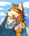 anthro beef_jerky_(food) blush clothing countershading eating grin male police police_uniform smile solo uniform inuyama_kensin lifewonders live_a_hero barrel_(live_a_hero) canid canine canis mammal wolf 4:5 absurd_res hi_res