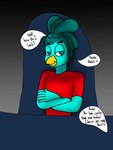 anthro clothed clothing looking_at_viewer male red_clothing red_shirt red_topwear shirt sitting smile speech_bubble text topwear turquoise_body thunderbirdfeetlover avian bird compression_artifacts english_text
