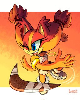 5_fingers anthro bare_shoulders biped black_nose blue_eyes boomerang brown_body brown_fur clothing eyelashes female feral fingers footwear fur gradient_background hair hair_horn one_eye_closed orange_background pseudo_horn ring shell shoes simple_background smile solo tail text upper_teeth lunatyk sega sonic_boom sonic_the_hedgehog_(series) sticks_the_jungle_badger badger mammal mustelid musteline 2023 artist_name full-length_portrait hi_res portrait