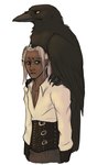 anthro avian_feet black_body black_feathers clothing corset duo facial_scar feathers green_eyes hair lingerie male perching scar simple_background topwear white_background white_hair wings yellow_eyes peregr1ne dungeons_and_dragons hasbro wizards_of_the_coast kleek aarakocra_(dnd) avian bird corvid corvus_(genus) crow elf humanoid oscine passerine hi_res
