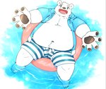 anthro belly big_belly blue_eyes blush bottomwear bulge clothed clothing hoodie humanoid_hands kemono lying male navel open_clothing open_hoodie open_topwear overweight overweight_male shorts solo swimwear topwear water white_body neco_no2 utau shirane_kan bear mammal polar_bear ursine 2022 hi_res