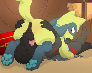 3_toes 4_toes 69_position animal_genitalia animal_penis anthro anus balls blush bodily_fluids butt butt_grab canine_genitalia canine_penis clothed clothing duo feet feral fur genital_fluids genitals hand_on_butt looking_back male male/male male_penetrated male_penetrating male_penetrating_male open_mouth oral penetration penis sex simple_background tail toes tongue whyvern nintendo pokemon pokemon_mystery_dungeon spike_chunsoft canid canine generation_4_pokemon generation_7_pokemon mammal pokemon_(species) reptile riolu salandit scalie absurd_res digital_media_(artwork) hi_res