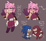 absurd_res amy_rose anthro blue_body clothed clothing comic digital_media_(artwork) echidna english_text eulipotyphlan female gesture gloves group hand_gesture handwear hedgehog hi_res kerchief knuckles_the_echidna looking_at_viewer male mammal monotreme narrowed_eyes neckerchief pink_body pointing red_body sega simple_background smile sonic_boom sonic_the_hedgehog sonic_the_hedgehog_(series) tail tail_motion tailwag text toodamncycle topwear trio waving