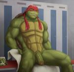 anthro athletic athletic_anthro athletic_male balls bench biceps clothing food foreskin genitals green_balls grin half-erect humanoid_genitalia humanoid_penis kerchief locker locker_bench locker_room looking_at_viewer male mostly_nude naughty_face on_bench partially_retracted_foreskin penis pickle_(food) presenting presenting_penis sitting sitting_on_bench smile solo spread_legs spreading text towel vein veiny_penis baraturts teenage_mutant_ninja_turtles teenage_mutant_ninja_turtles_(2014) raphael_(tmnt) reptile scalie turtle signature url