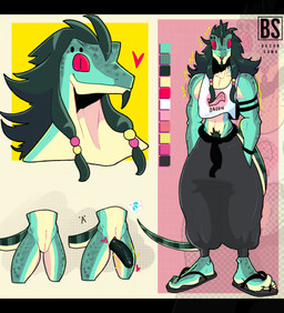 animal_genitalia anthro bacon big_feet big_penis blep bottomwear braided_pigtails clothing facial_hair feet flip_flops food footwear genital_slit genitals goatee hair hands_in_both_pockets heart_symbol image_bubble long_hair looking_at_viewer male meat muscular muscular_male oversized_bottomwear oversized_clothing oversized_pants pants penis pubes sandals shirt shoes smile smiling_at_viewer solo tank_top text text_on_clothing text_on_topwear throbbing throbbing_penis tongue tongue_out topwear bacon_sama bacon_(bacon_sama) gecko lizard reptile scalie english_text hi_res model_sheet