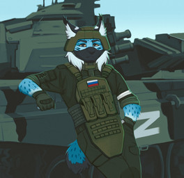 anthro armband armor balaclava black_tail_tip blue_body blue_fur body_armor bulletproof_vest cheek_markings clothed clothed_anthro clothed_male clothing dipstick_tail facial_markings fingerless_gloves fully_clothed fully_clothed_anthro fully_clothed_male fur furgonomic_helmet furgonomics gloves handwear head_markings headgear headwear leaning_on_vehicle lightning_bolt_marking male markings mask military military_uniform mouth_closed pointy_ears politics pouch_(clothing) russian russian_federation russian_flag soldier solo tail tail_markings tank_(vehicle) translucent translucent_clothing translucent_headwear uniform unsigned vehicle warrior white_armband yellow_eyes z_(military_symbol) ulolin russo-ukrainian_war t-90 uralvagonzavod ulrich_(ulolin) felid feline lynx mammal 2023 digital_drawing_(artwork) digital_media_(artwork) portrait russian_description three-quarter_portrait translated_description